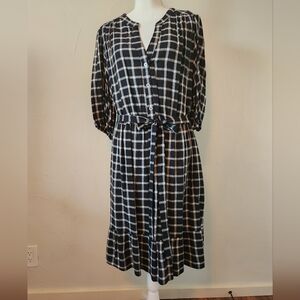 Cato Black & White Plaid Button-Front Midi Dress with Tie Waist